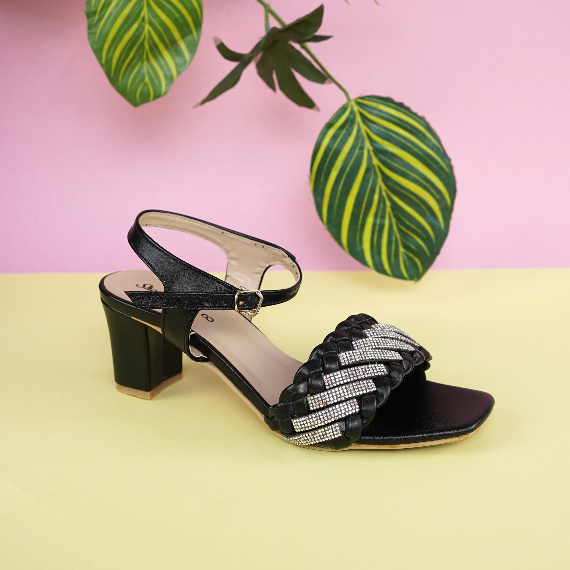 Chain Embalish Black Block Heel