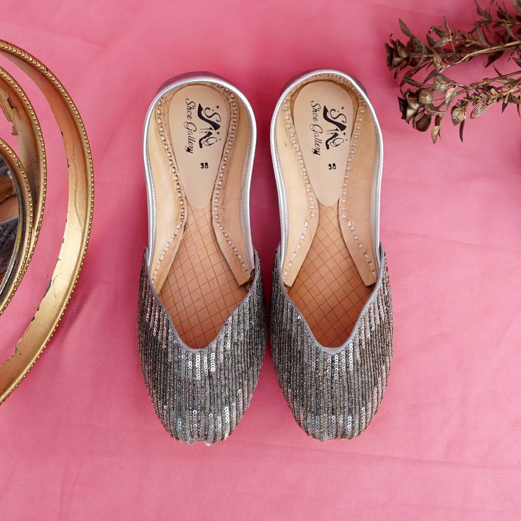 Grey embalish lather khussa