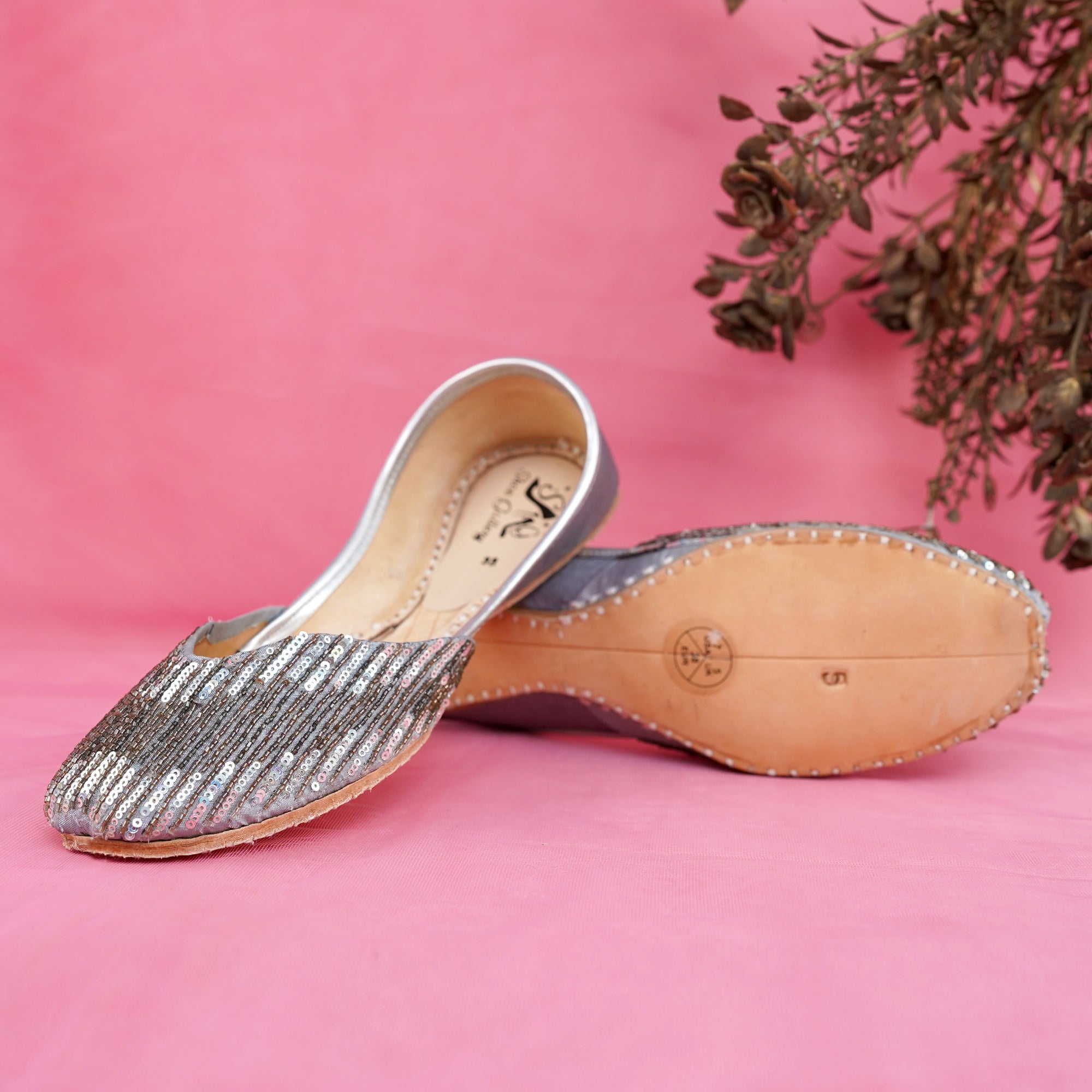 Grey embalish lather khussa