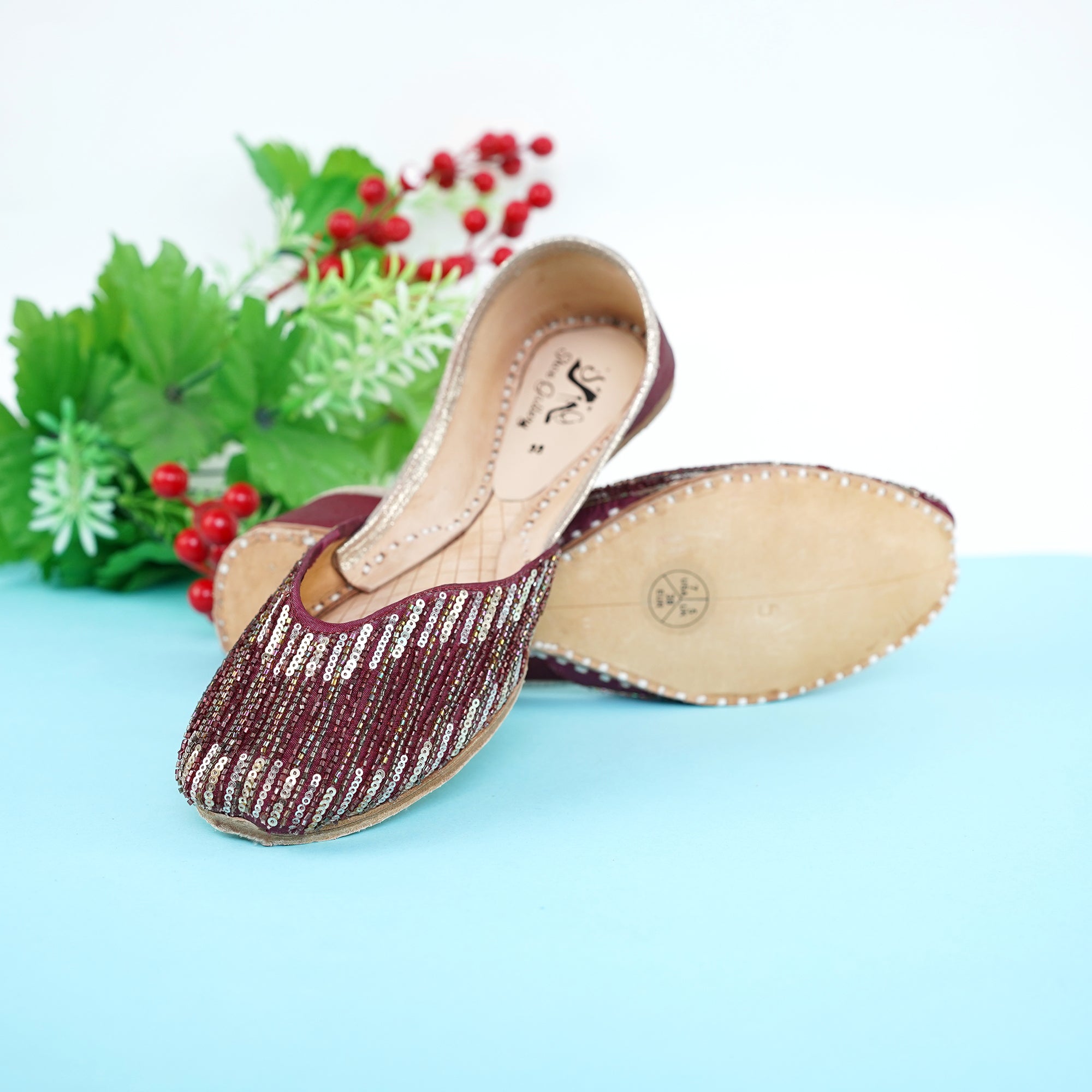 Maroon embalish lather Khussa