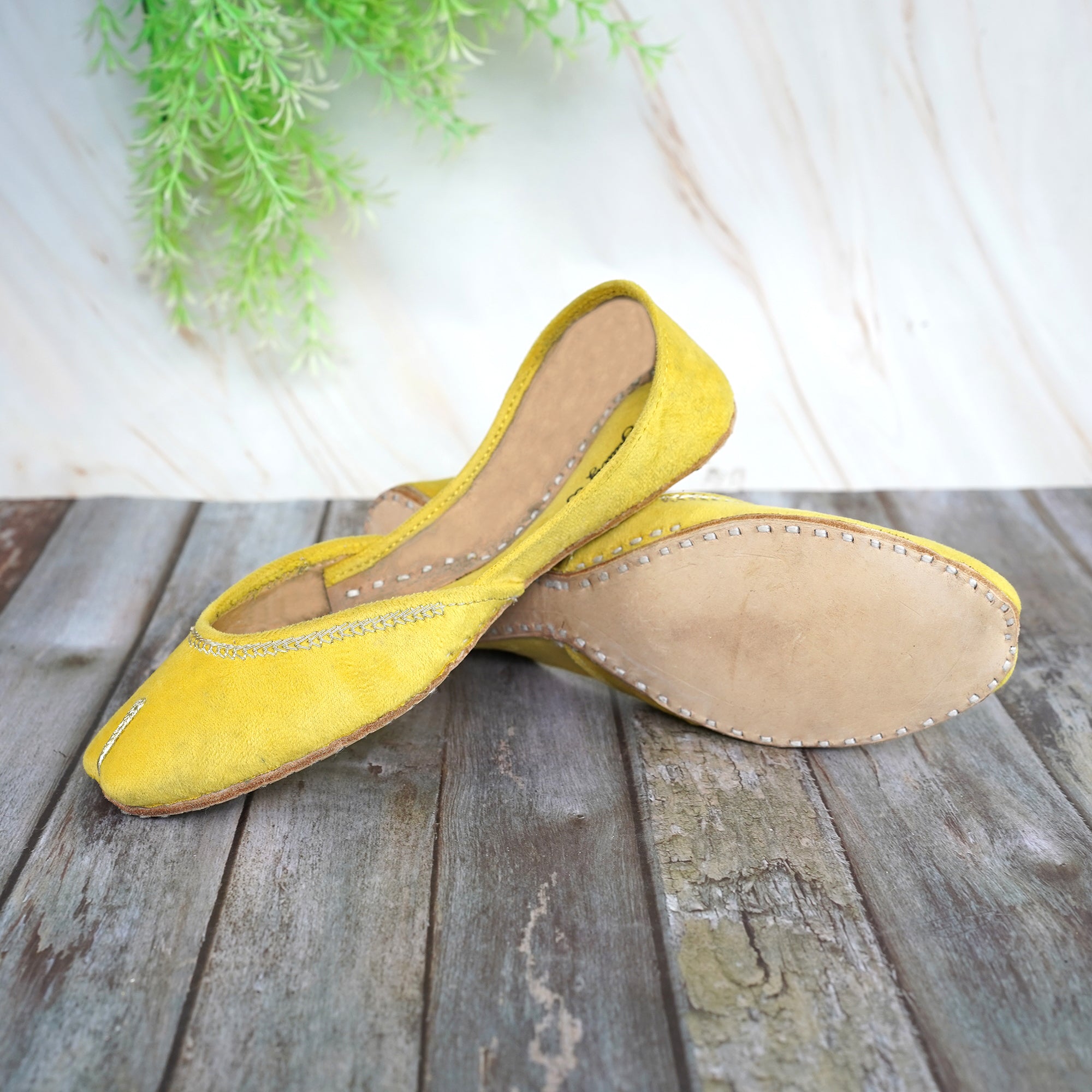 Yellow Velvet Leather Khussa