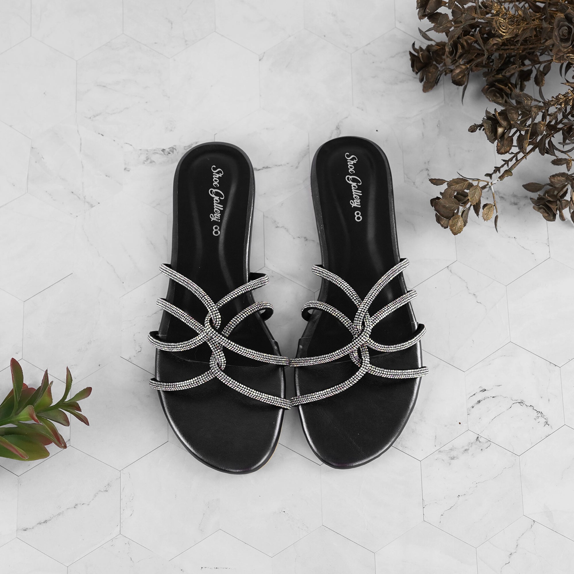 Gem-Embalish Black Chain Chappal