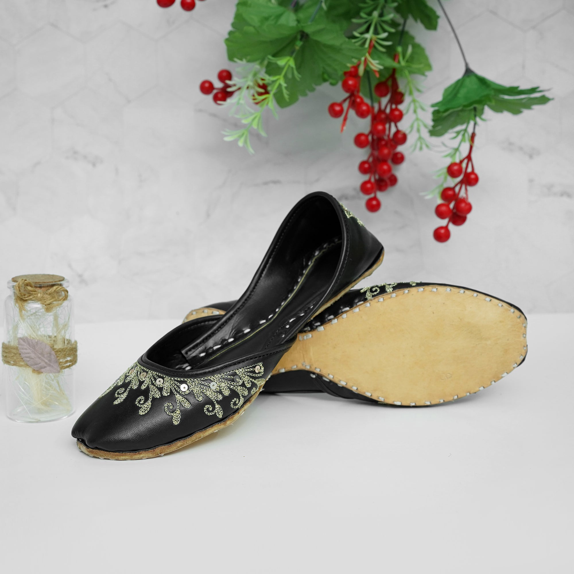 Black Embroided leather khussa