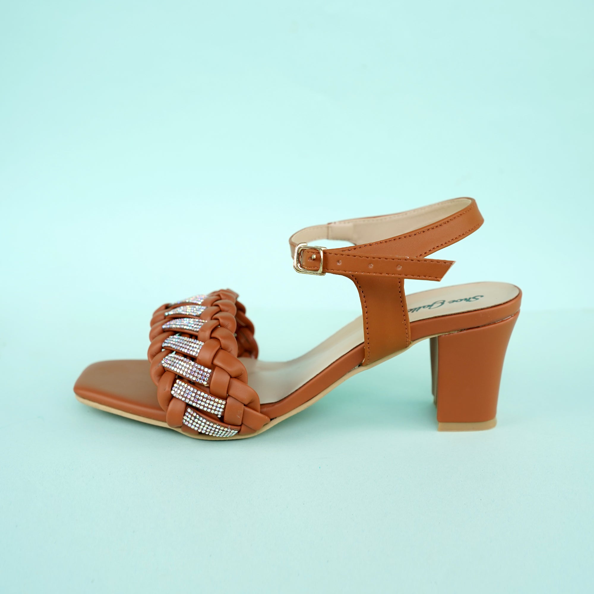 Chain Embalish Brown Block Heel